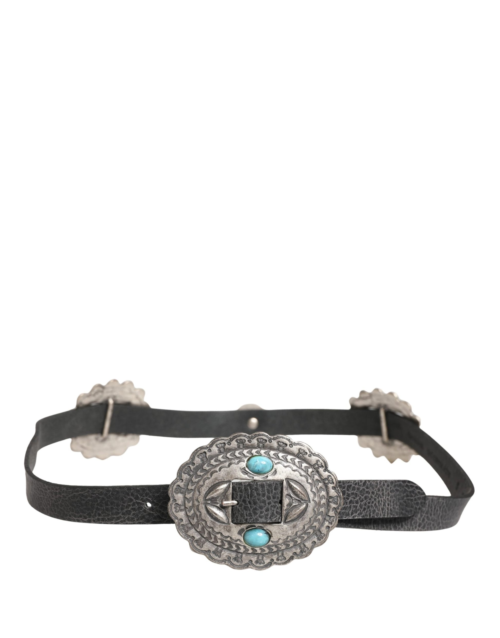 Black Turquoise Leather Embellished Oval Buckle Belt