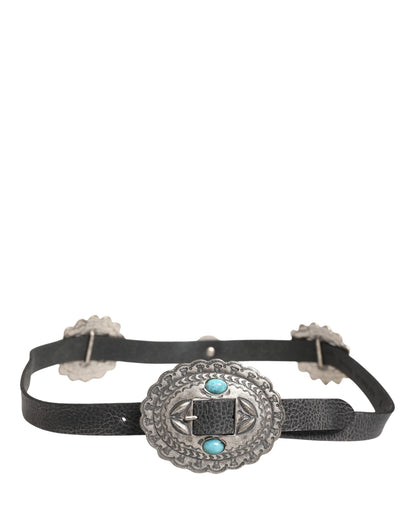 Black Turquoise Leather Embellished Oval Buckle Belt