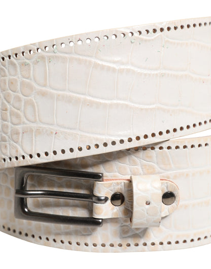 White Textured Leather Wide SilverMetal Buckle Belt