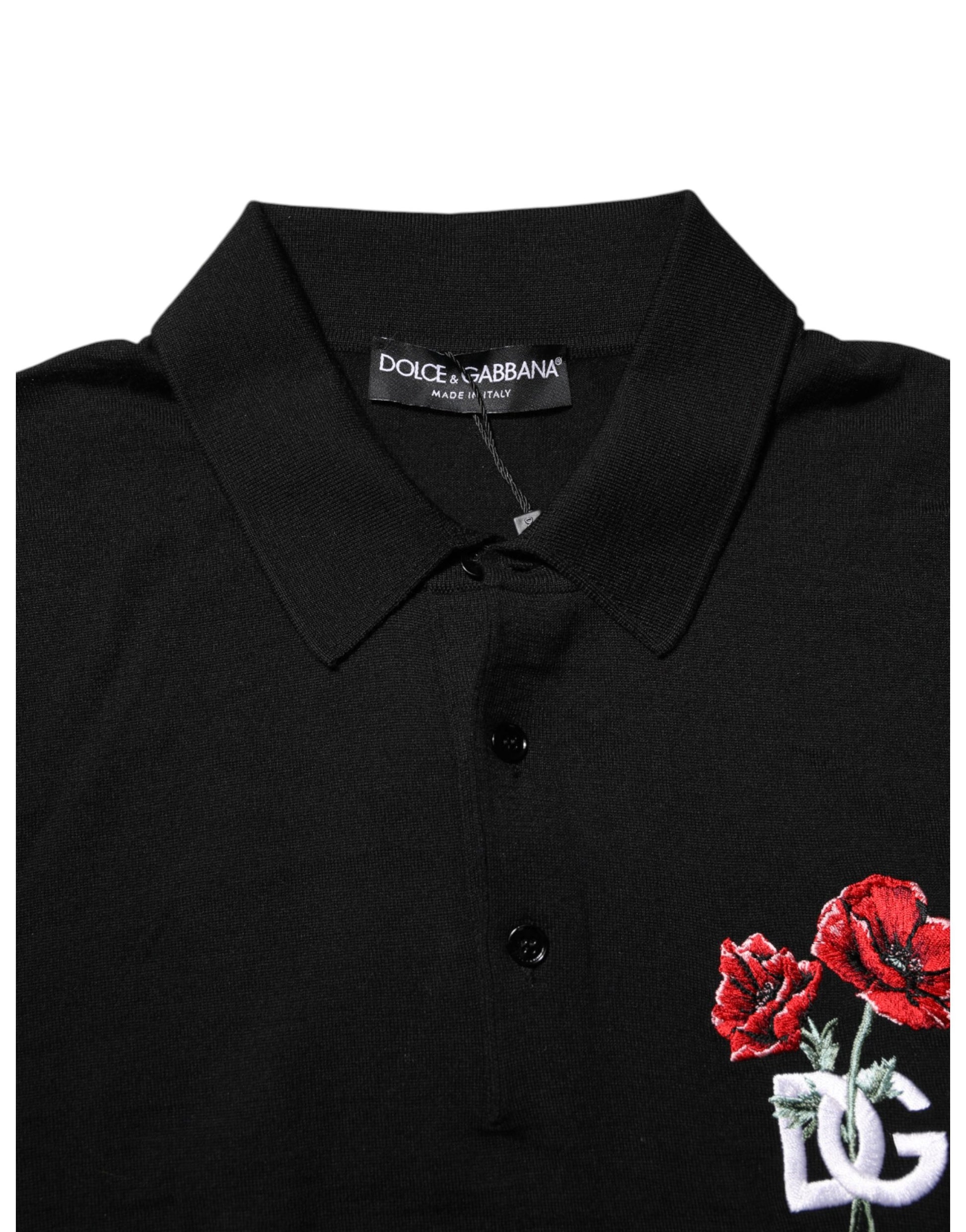 Black Wool Logo Floral Short Sleeve T-shirt