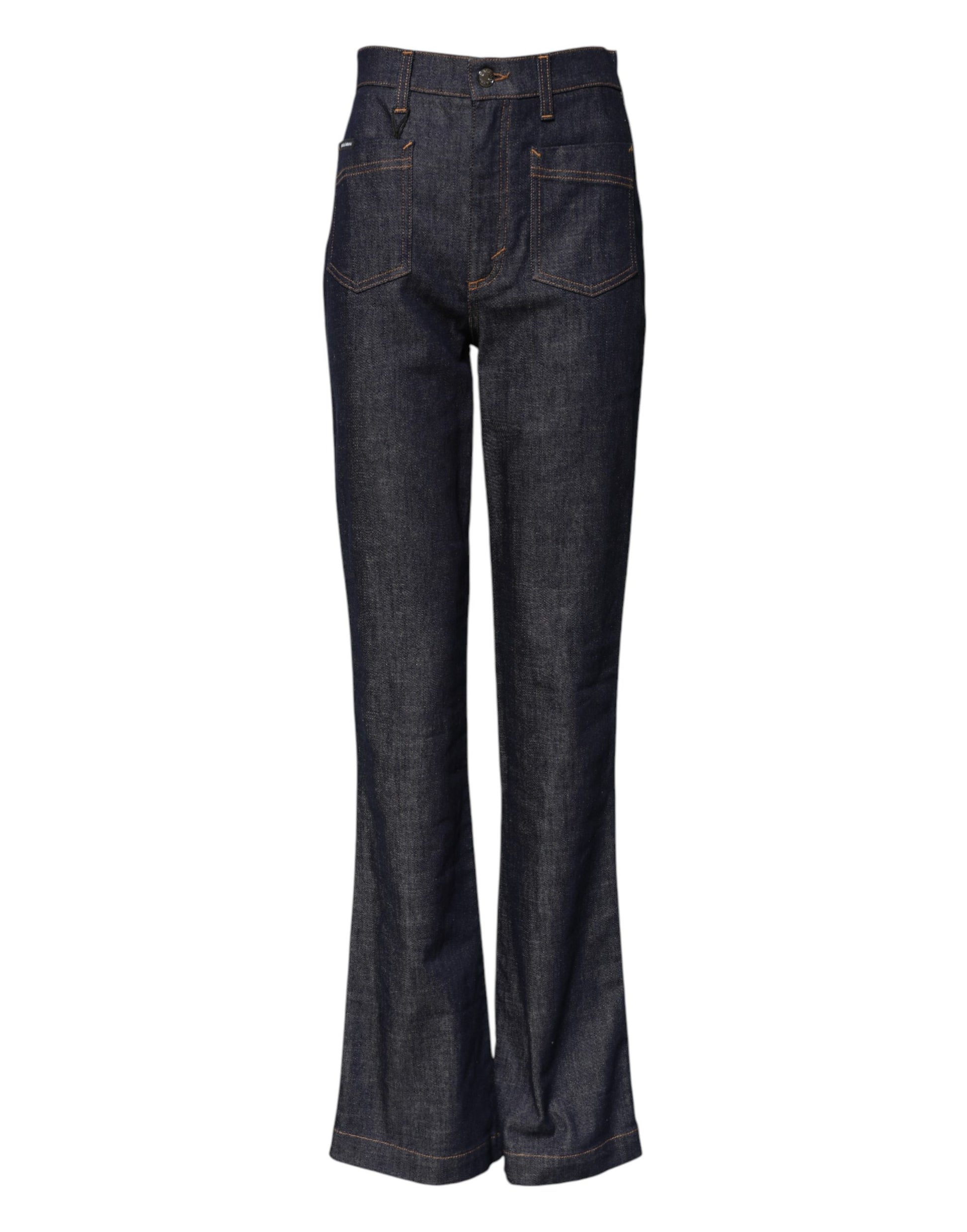 Dark Blue Cotton Flared Wide Leg Denim Jeans
