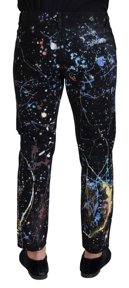 Black Cotton Color Splash Print Denim Jeans