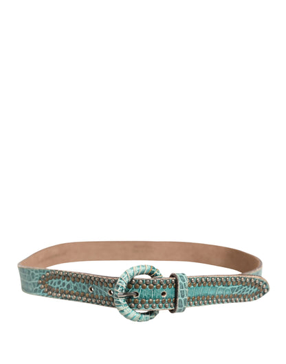 Women Green Leather Croco Print Studded Belt