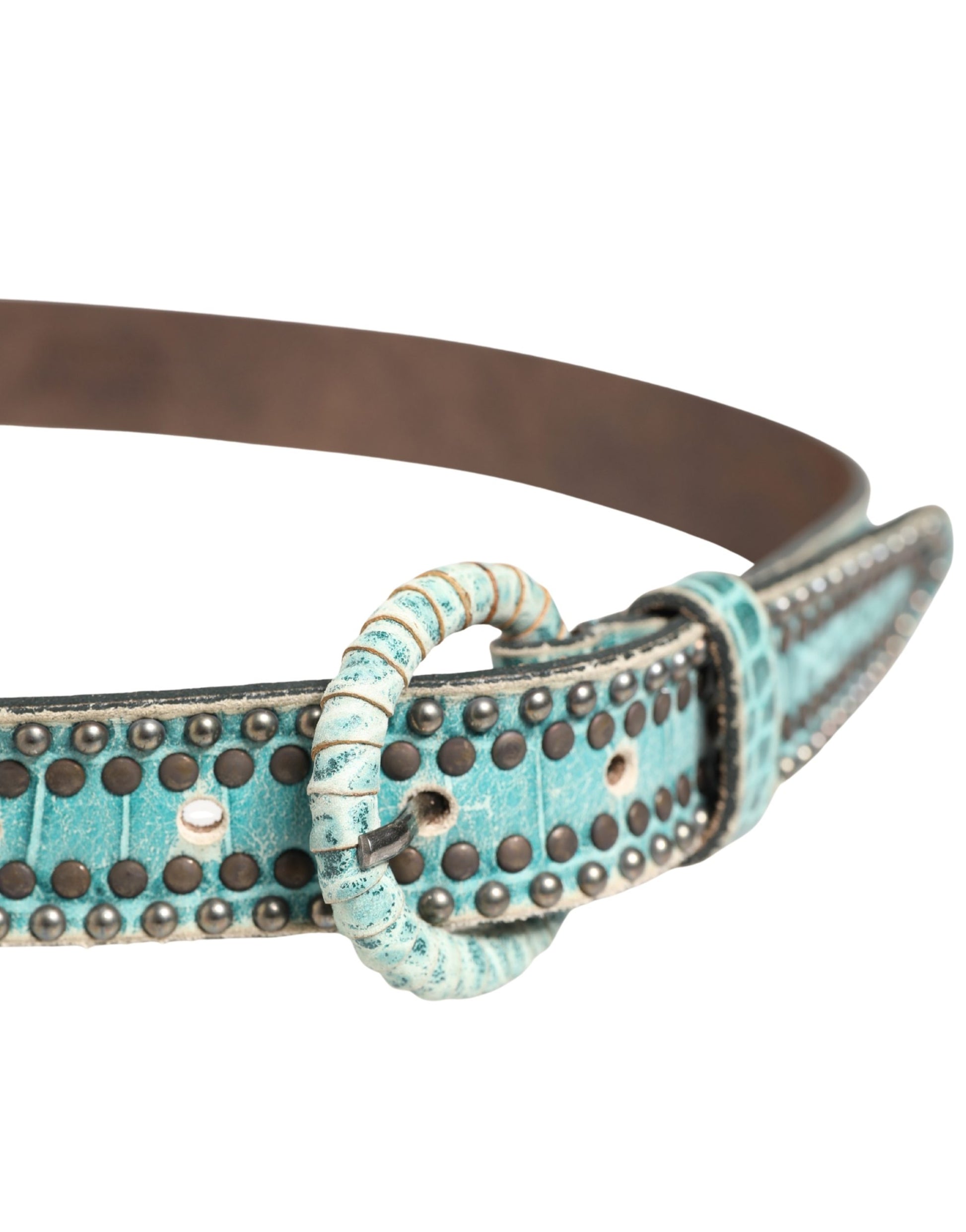 Women Green Leather Croco Print Studded Belt
