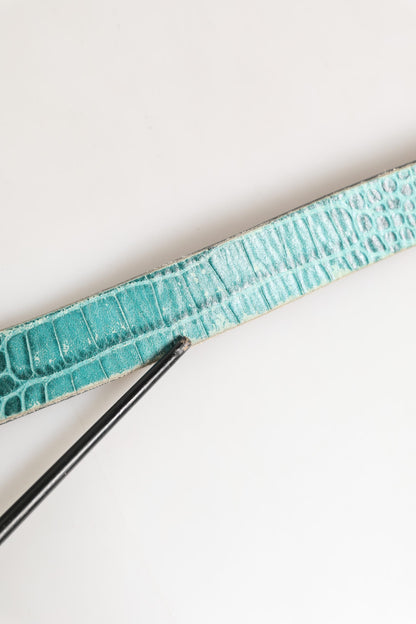 Women Green Leather Croco Print Studded Belt