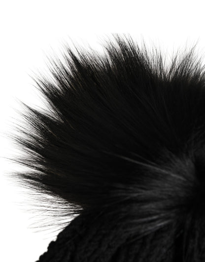 Black Acrylic Knitted Fur Winter Beanie