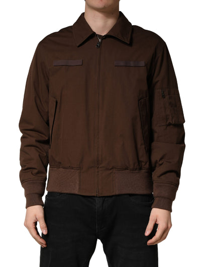 Brown Cotton Stretch Full Zip Bomber Jacket