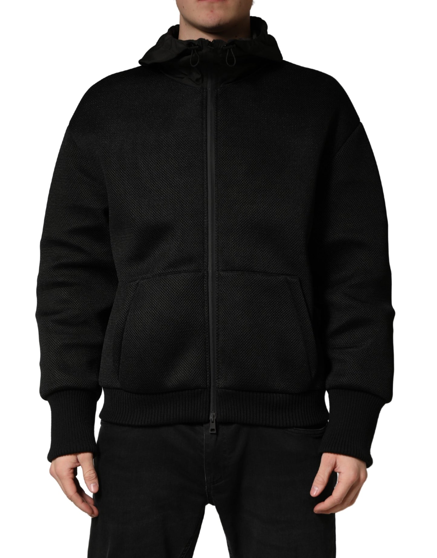 Men Black Hooded Full Zip Bomber Jacket