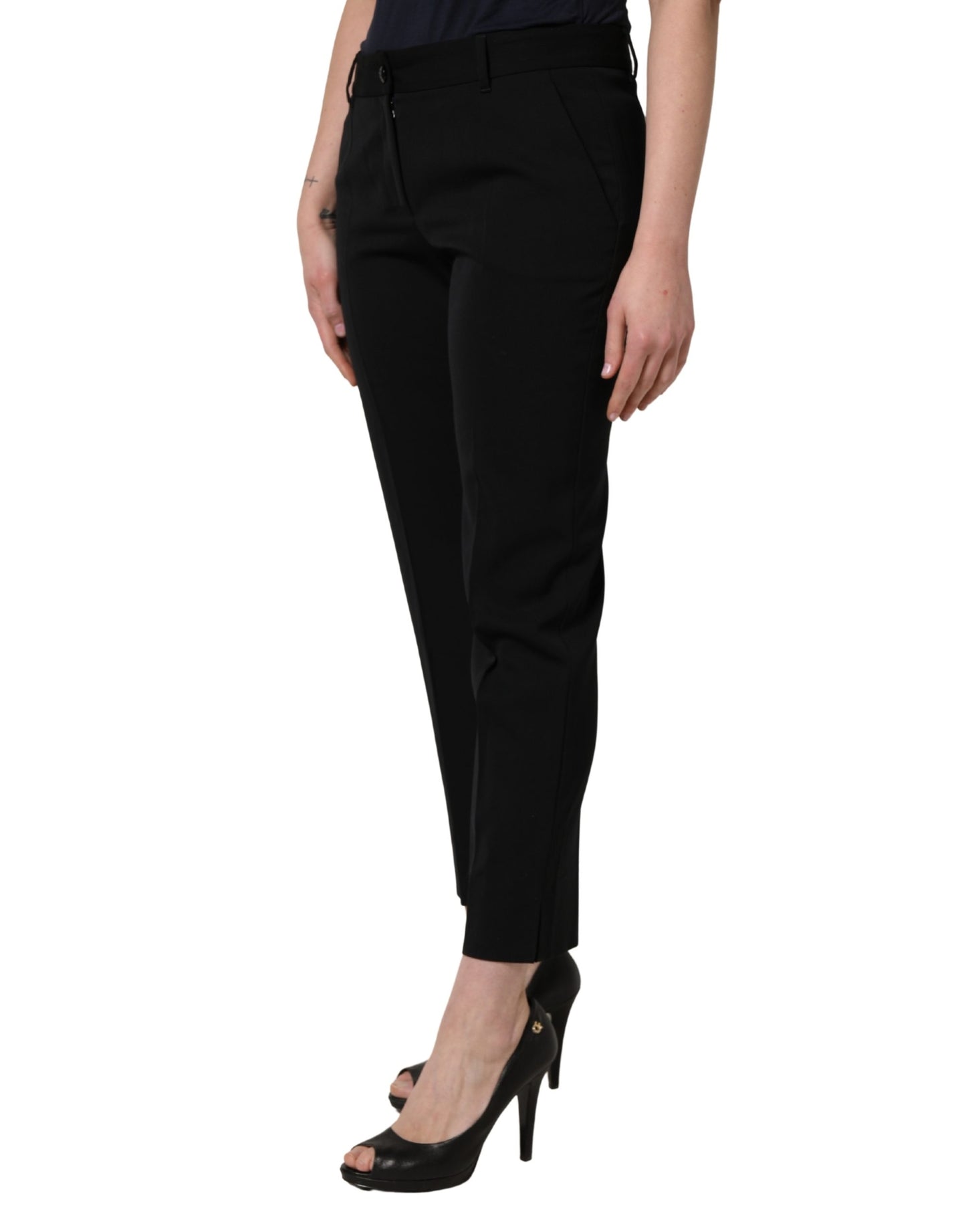 Black Wool High Waist Cropped Tapered Pants