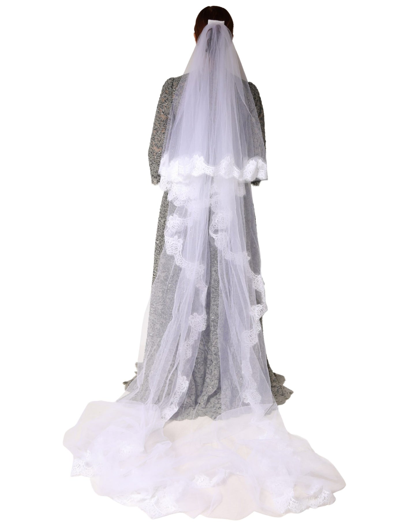 White Floral Lace Nylon Floor Length Long Wedding Veil