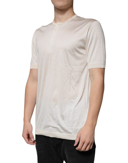 Off White Silk Henley Short Sleeves T-shirt