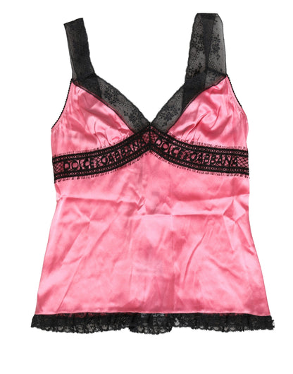 Pink Silk Satin Lace Trim Lingerie Top Sleepwear