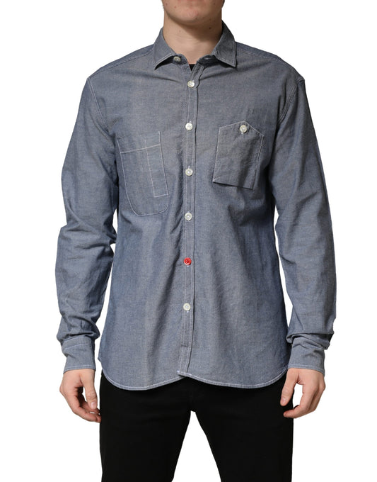 Dark Blue Slim Fit Collared Long Sleeve Denim Shirt