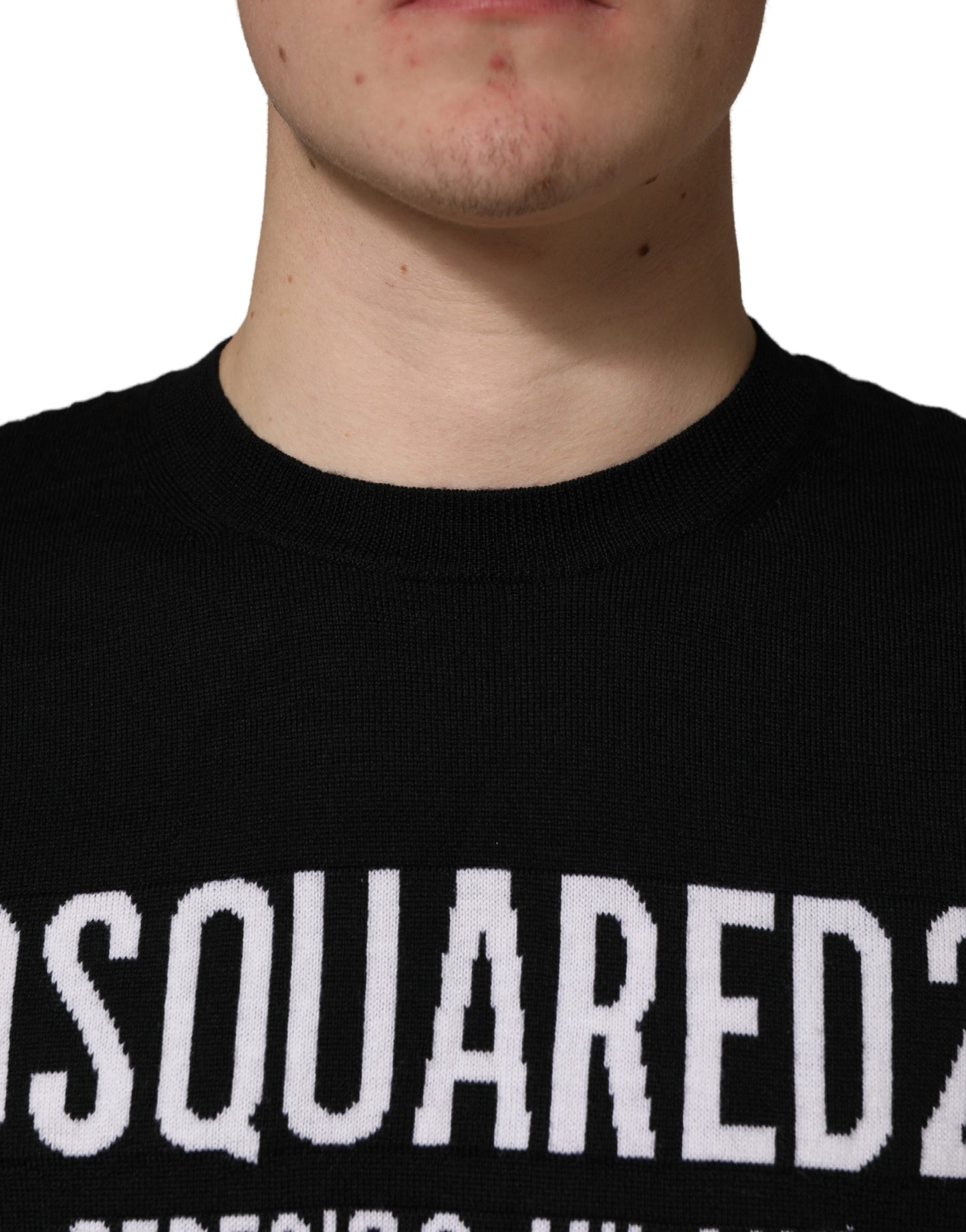 Black Logo Knitted Crew Neck Men Pullover Sweater