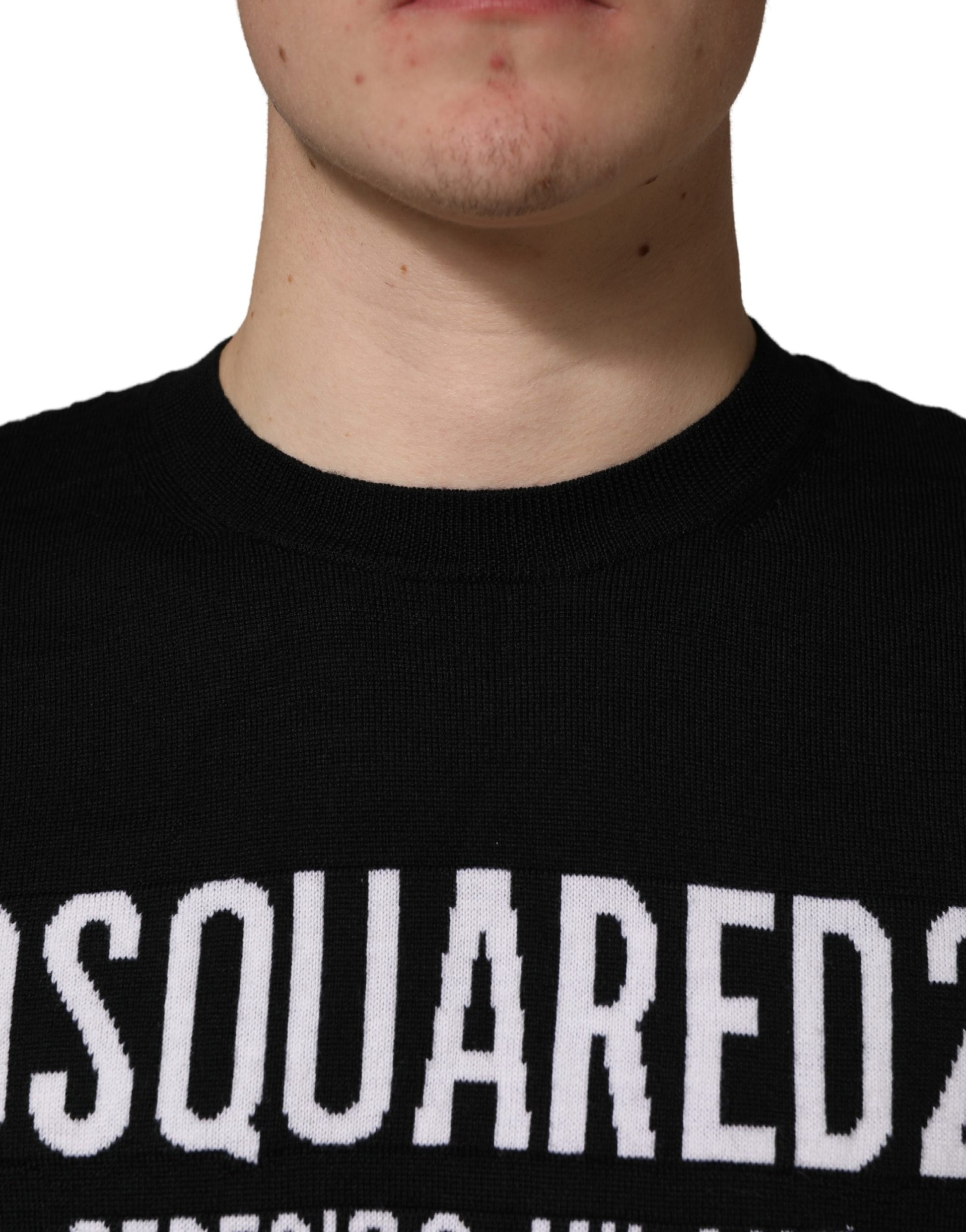 Black Logo Knitted Crew Neck Men Pullover Sweater
