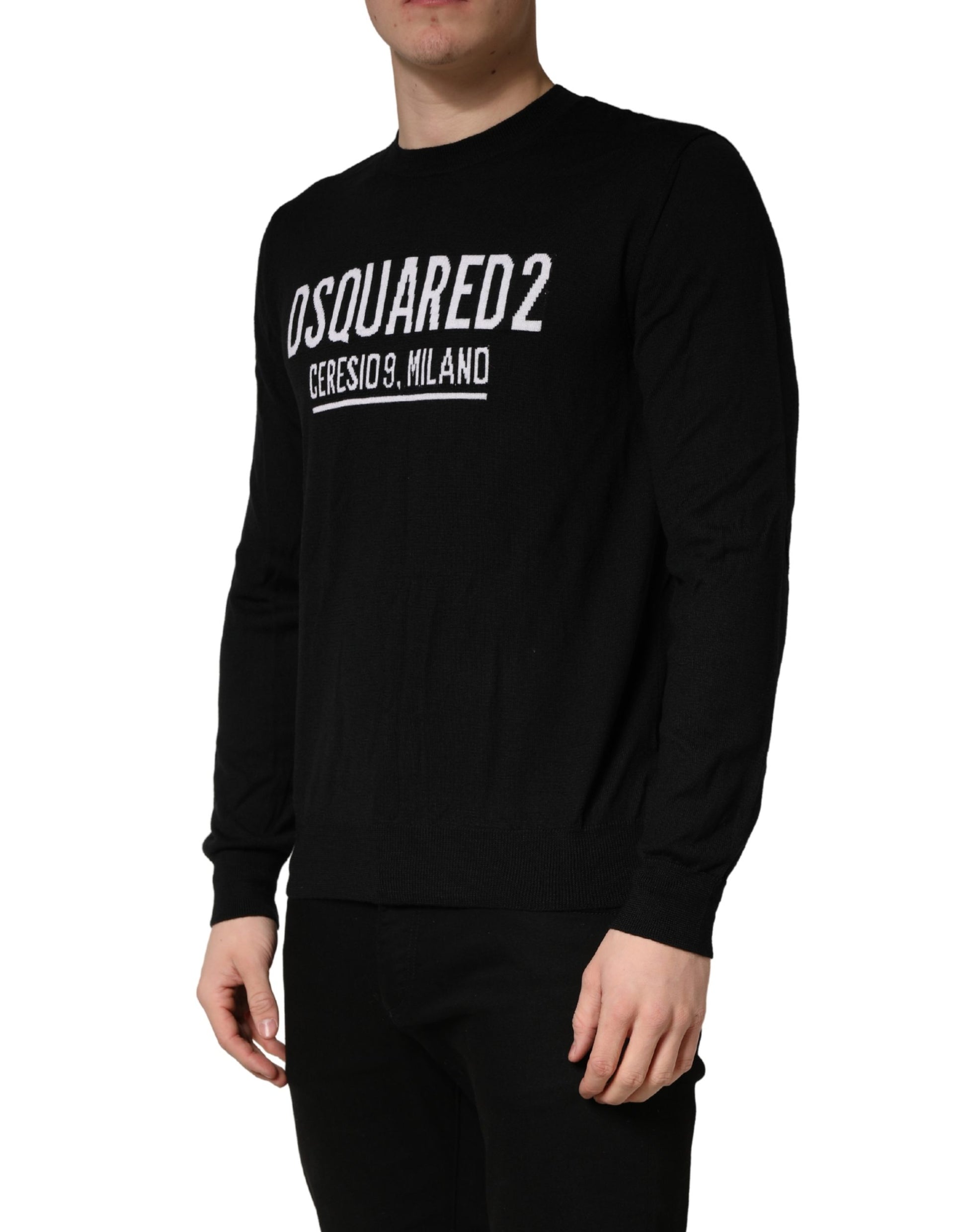 Black Logo Knitted Crew Neck Men Pullover Sweater
