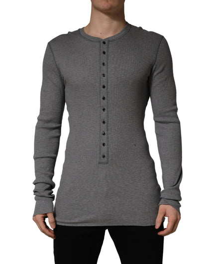 Gray Ribbed Cotton Long-Sleeve Henley  T-shirt