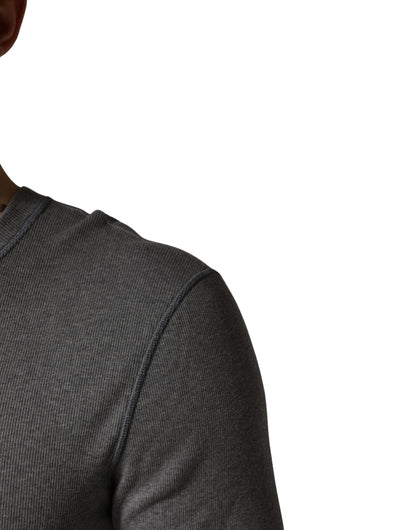 Gray Ribbed Cotton Long-Sleeve Henley  T-shirt