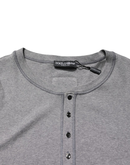 Gray Ribbed Cotton Long-Sleeve Henley  T-shirt