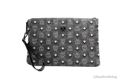 MCM Veritas Medium Dark Grey Denim Monogram Logo Canvas Clutch Pouch Handbag