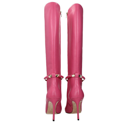 Pink Leather High Heel Boots