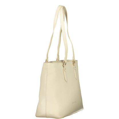 Beige Polyurethane Women's Shoulder Bag with Internal Pocket