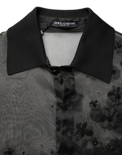 Black Floral Applique Sheer Short Sleeve Shirt