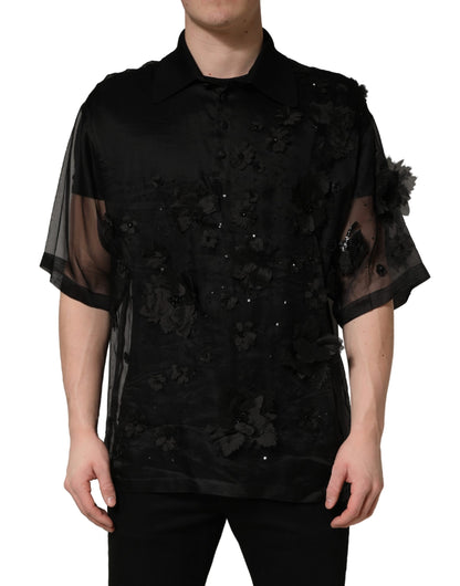 Black Floral Applique Sheer Short Sleeve Shirt