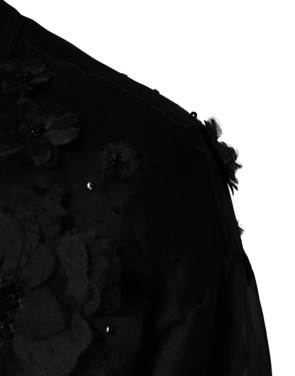 Black Floral Applique Sheer Short Sleeve Shirt