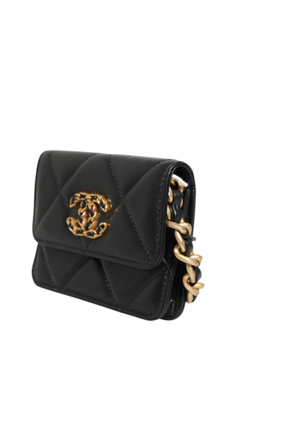 Chanel 19 Flap Coin Purse Quilted Leather Black Crossbody
