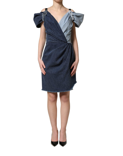 Blue Cotton Patchwork Denim Mini Sheath Dress