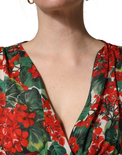Multicolor Floral Long Sleeves V-neck Dress
