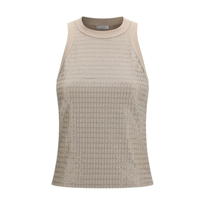 Beige Cotton Sleeveles T-Shirt