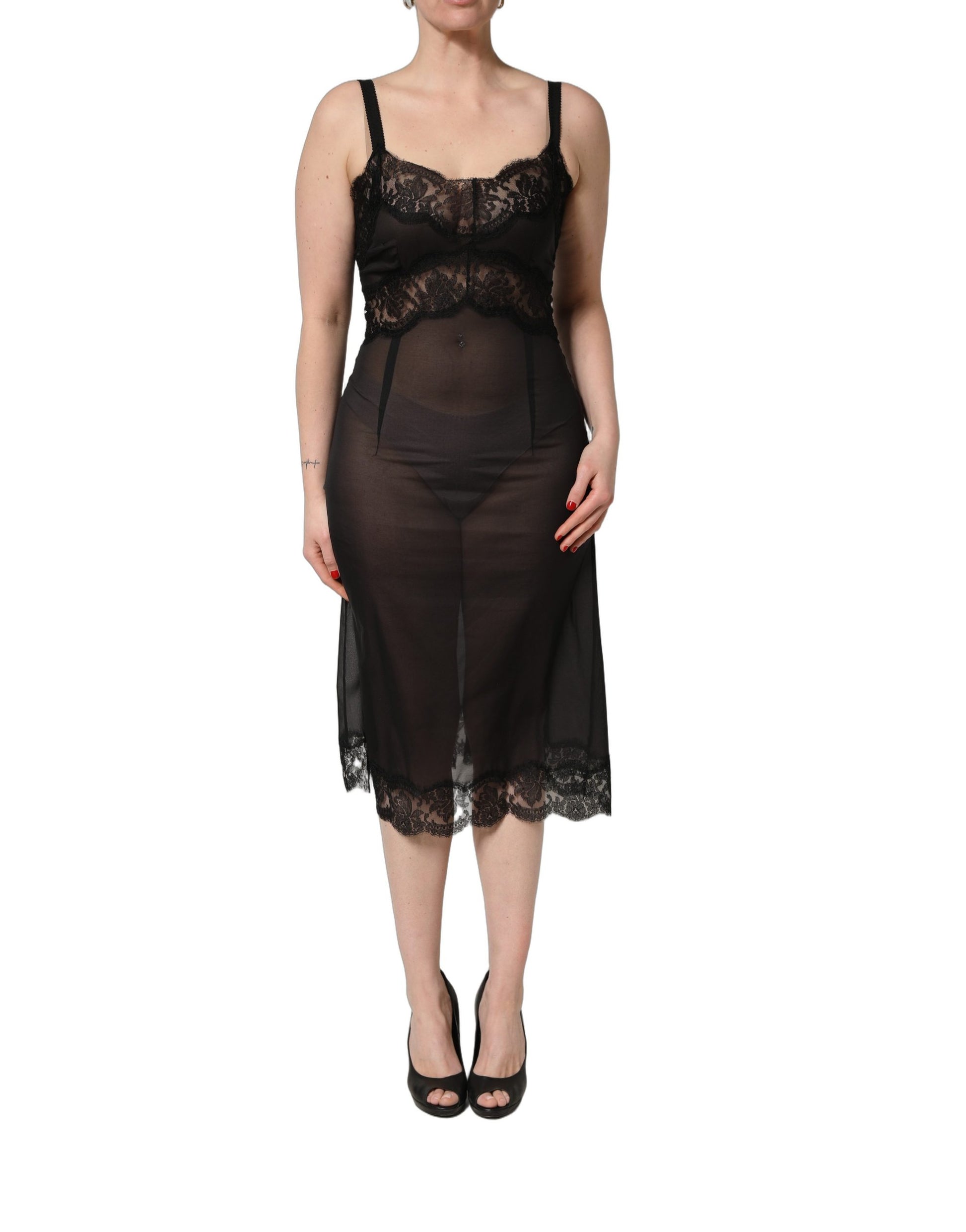 Black Silk Lace Slip Lingerie Chemise Sleepwear
