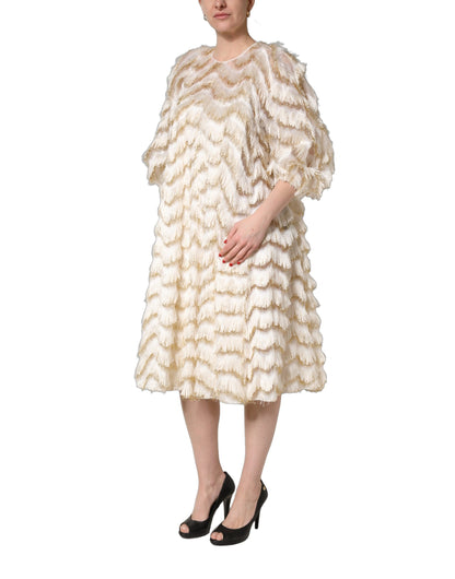 Ivory Fringe Layered Shift Midi Dress