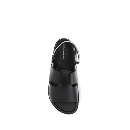 Black Calf Leather Bos Taurus Flat Sandals