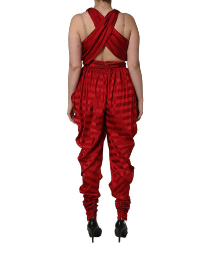Red Plunging HalterNeck Draped Jumpsuit Dress