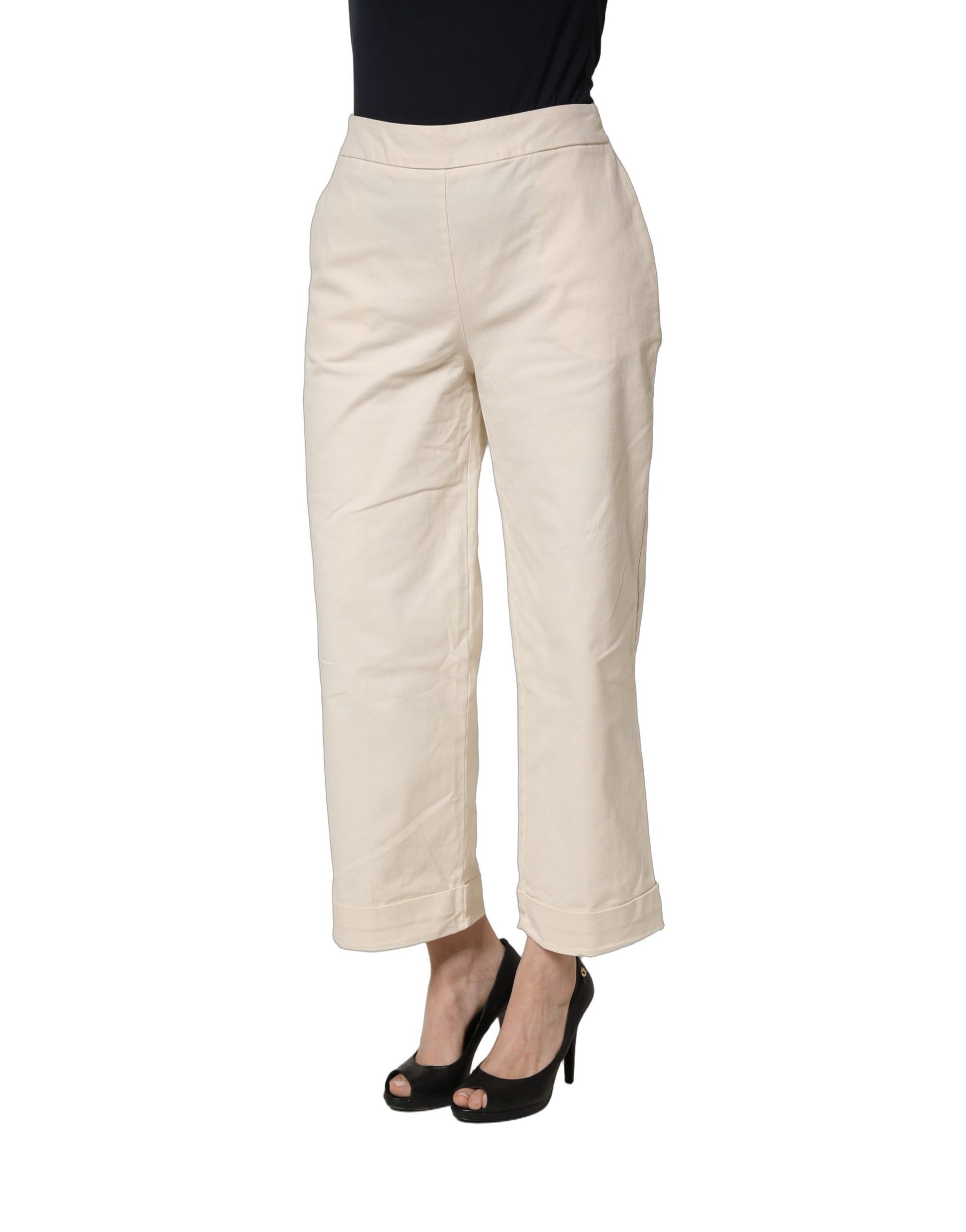 Beige High Waist Straight Capri Cropped Trouser Pants