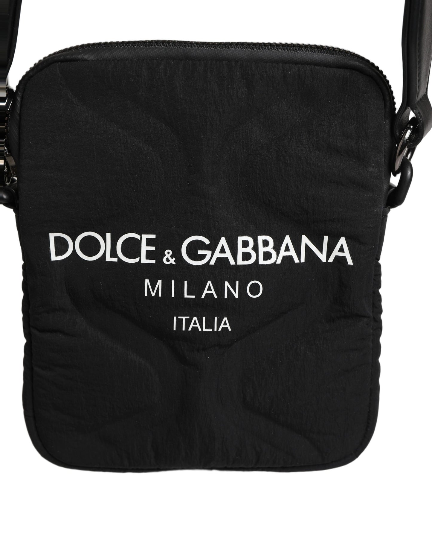 Black Nylon Rubberized Logo Print Crossbody Borse Bag