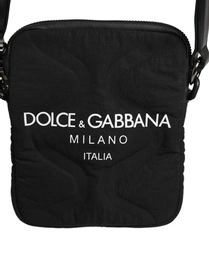 Black Nylon Rubberized Logo Print Crossbody Borse Bag