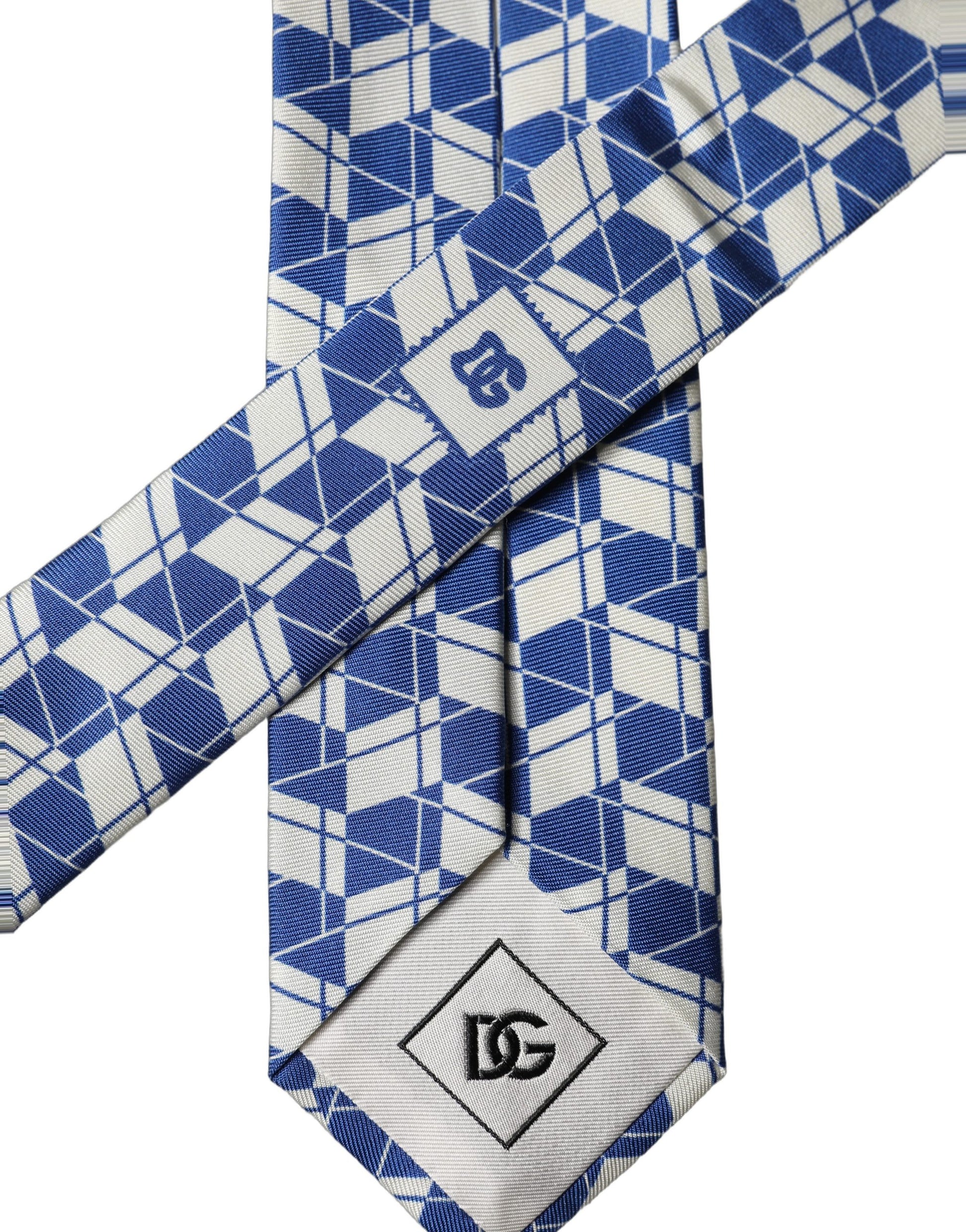 Blue White Geometric Silk Adjustable Men Tied Necktie Tie