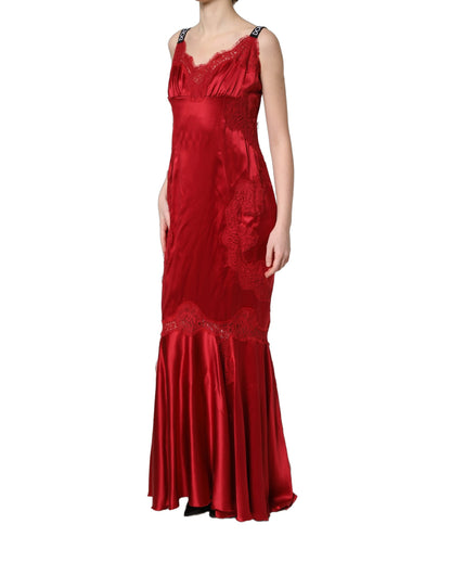 Red Silk Sleeveless Maxi Long Lace Trim Dress