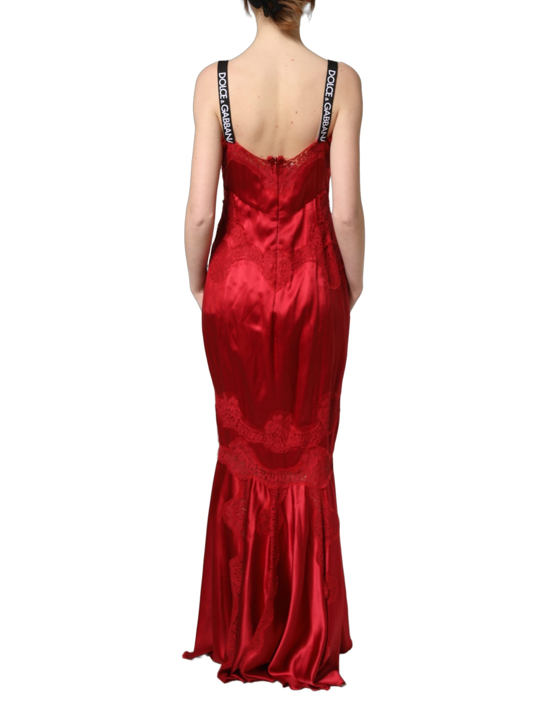 Red Silk Sleeveless Maxi Long Lace Trim Dress