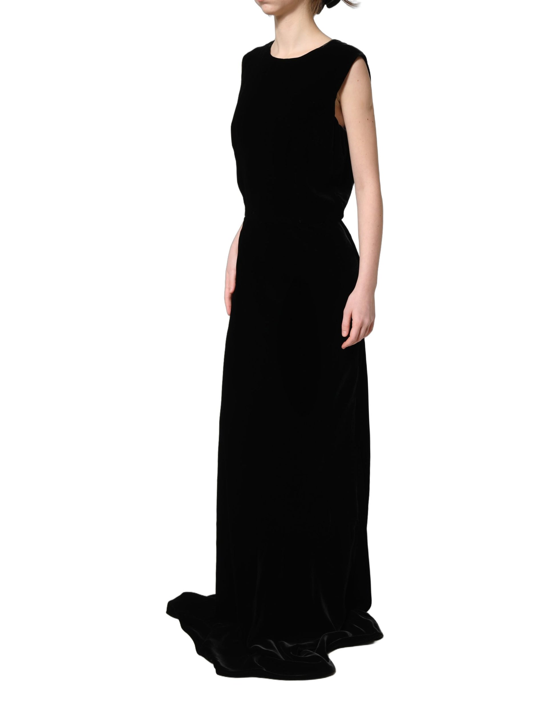 Black Viscose Velvet Floor Length Gown Dress