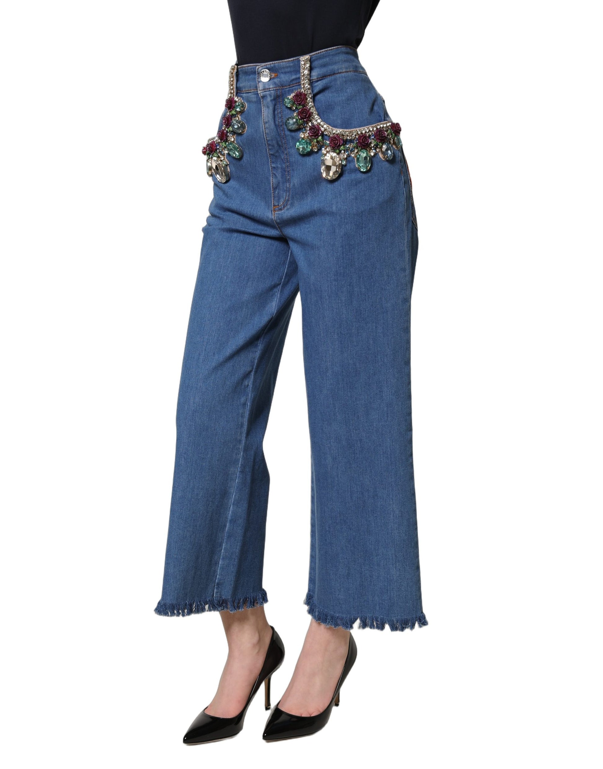 Blue Embellished Wide Cropped Denim Jeans