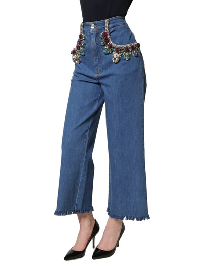 Blue Embellished Wide Cropped Denim Jeans
