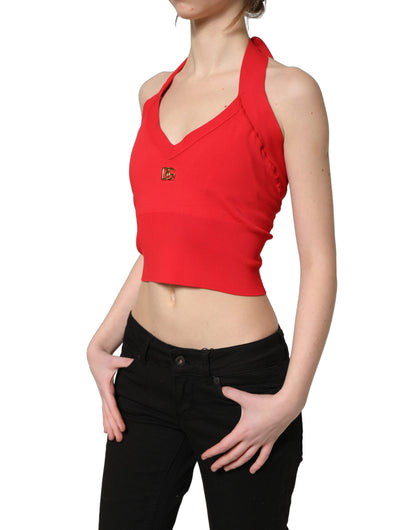 Red Viscose Sleeveless Halter Crop Tank Top
