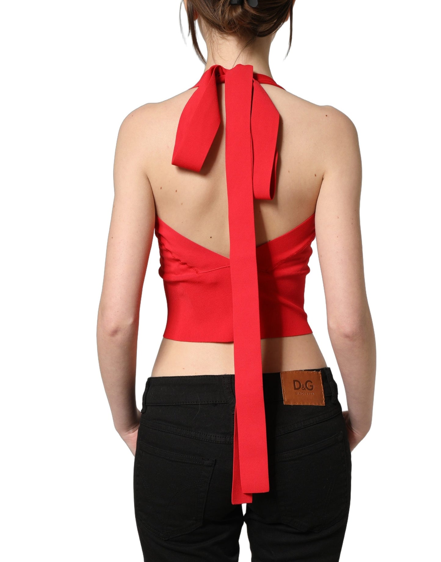 Red Viscose Sleeveless Halter Crop Tank Top
