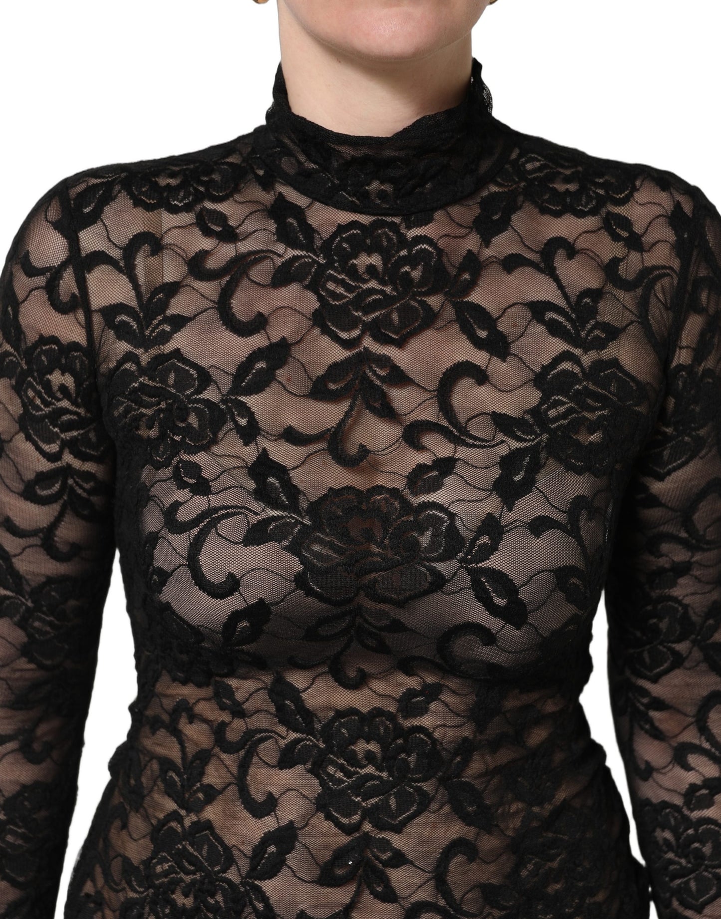 Black Floral Lace Turtle Neck Long Sleeve Top