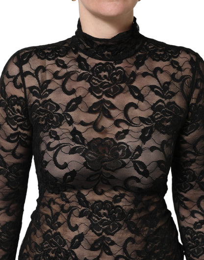 Black Floral Lace Turtle Neck Long Sleeve Top
